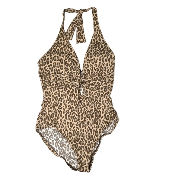 TOMMY Bahama Tan Brown Leopard Print Keyhole Halter Swimsuit Ladies Size 12 - Picture 1 of 12